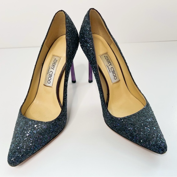 Jimmy Choo Authentic Romy Heels Blue Navy Leather Glitter Pumps Pointed Toe - Picture 1 of 8